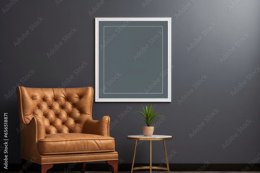 image frame mockup with a armchair in front of it, comfortable chair