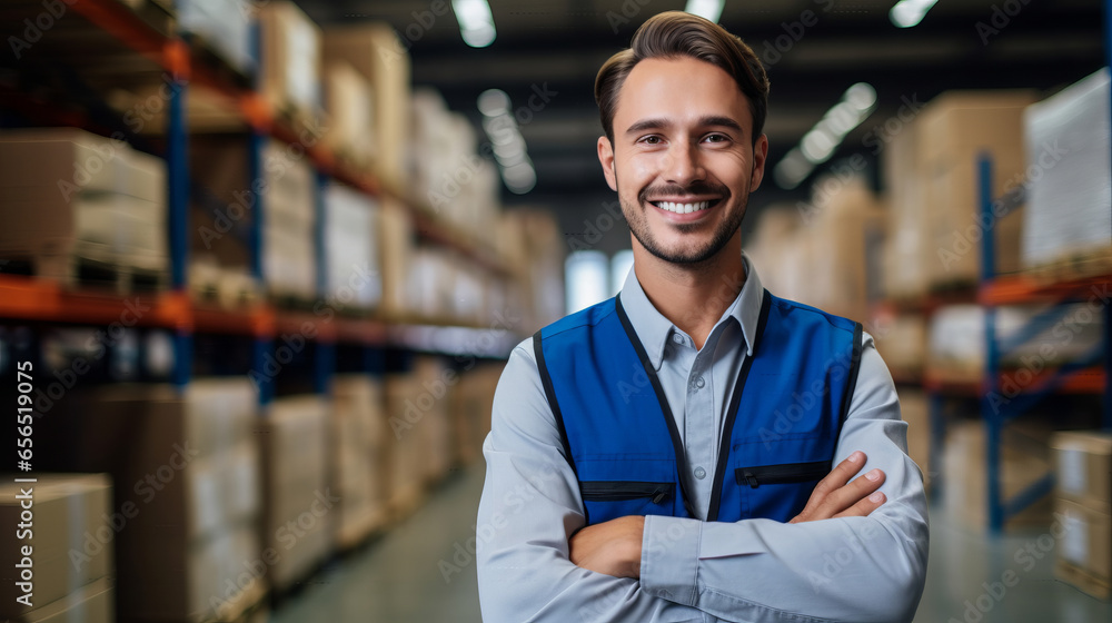 Happy young worker man factory manager working in warehouse while smiling Happy young worker man factory manager working in warehouse while smiling