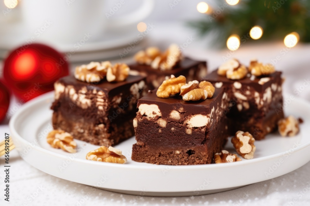 nut-topped brownies on a white ceramic dish nut-topped brownies on a white ceramic dish