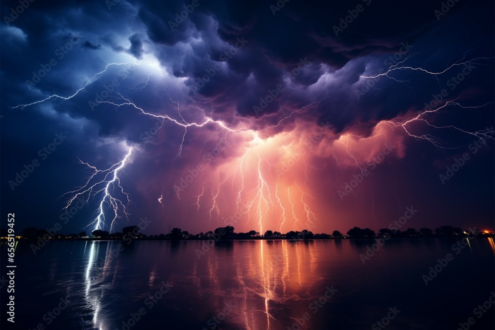 Intense, illuminating streaks of lightning electrify the darkened horizon