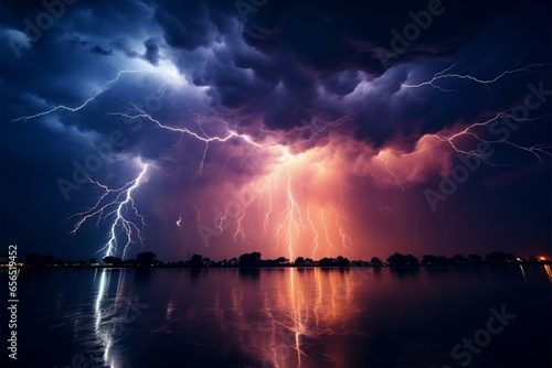 Intense, illuminating streaks of lightning electrify the darkened horizon
