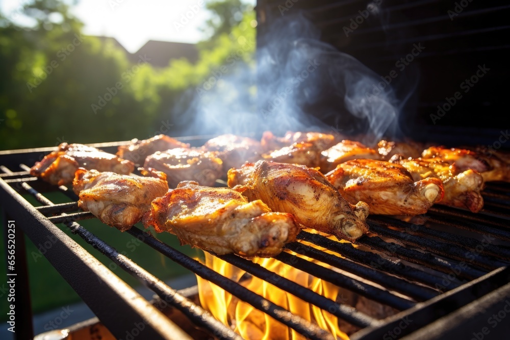 chicken wings grilling on a barbecue under sunlight chicken wings grilling on a barbecue under sunlight