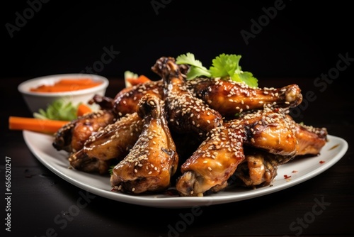 asian-style chicken wings garnished with sesame seeds