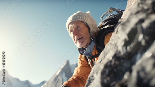 an elderly mountaineer scaling the snowy peaks of the Alps. a brave old traveler exploring snow-covered mountain. generative AI