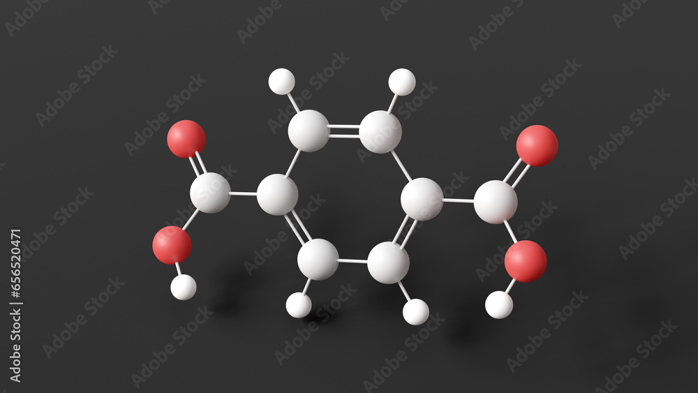 Fototapeta premium terephthalic acid molecule, molecular structure, precursor polyester pet, ball and stick 3d model, structural chemical formula with colored atoms