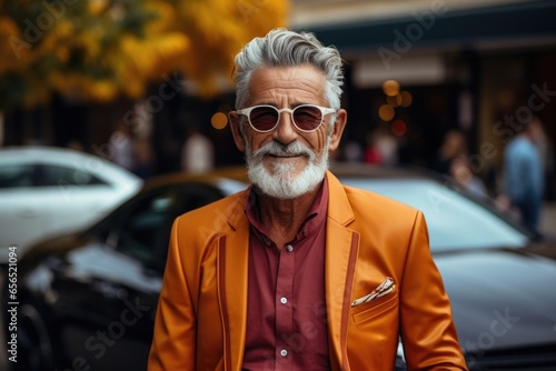 Rich stylish elderly man in sunglasses stands on the street © evannovostro