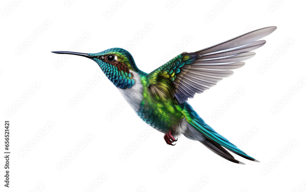 Obraz premium Flying Beautiful Colorful Hummingbird on White Transparent Background.