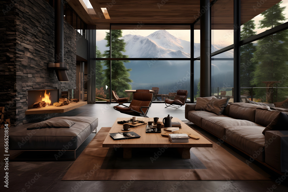 Fototapeta premium Architecture Modern Interioe Design With View Mountain