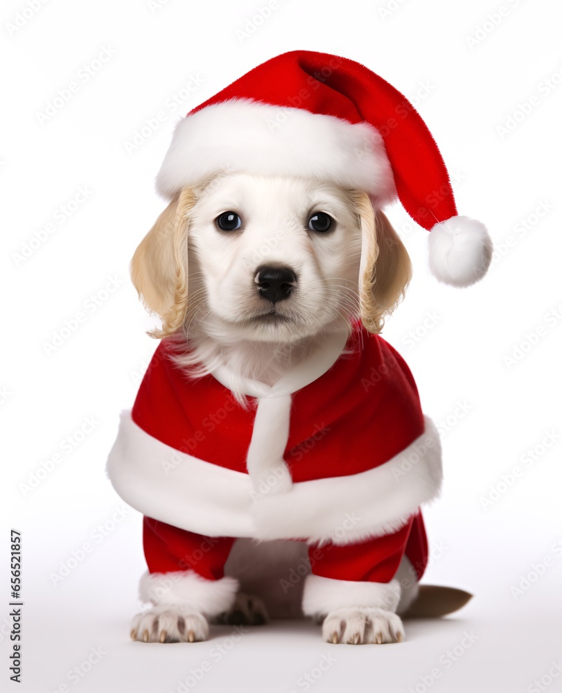 Charming Holiday Companion: An Adorable Puppy in Santa Claus Costume Poses on White Background – Perfect for Christmas, Greeting Cards, Social Media, Blogs, and Seasonal Ads Charming Holiday Companion: An Adorable Puppy in Santa Claus Costume Poses on White Background – Perfect for Christmas, Greeting Cards, Social Media, Blogs, and Seasonal Ads