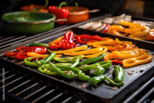 preparing vegetable fajita with peppers on a griddle photo