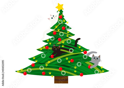 クリスマスツリーと戯れる猫　くろねこ