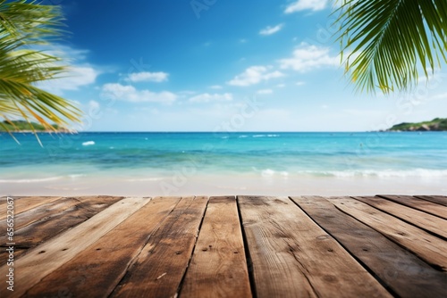 Summer relaxation symbolized by a wooden table on a beach