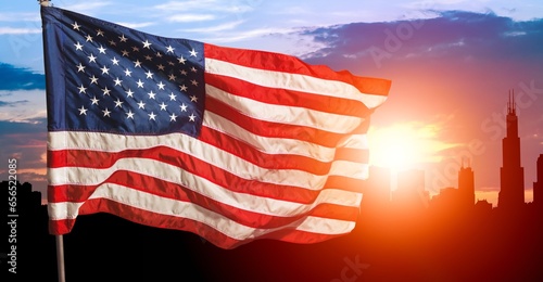 Skyline city silhouette and USA flag