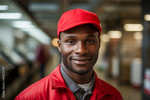 Generative AI image of male postman wear uniform standing in the warehouse © Tetiana