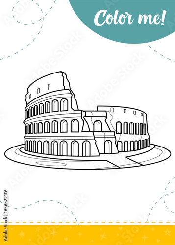 Coloring page for kids with cartoon Roman colosseum.
A printable worksheet, vector illustration.