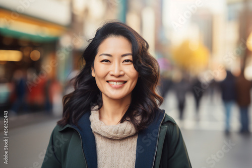 Generative ai image of smiling positive asian lady in the city © Tetiana