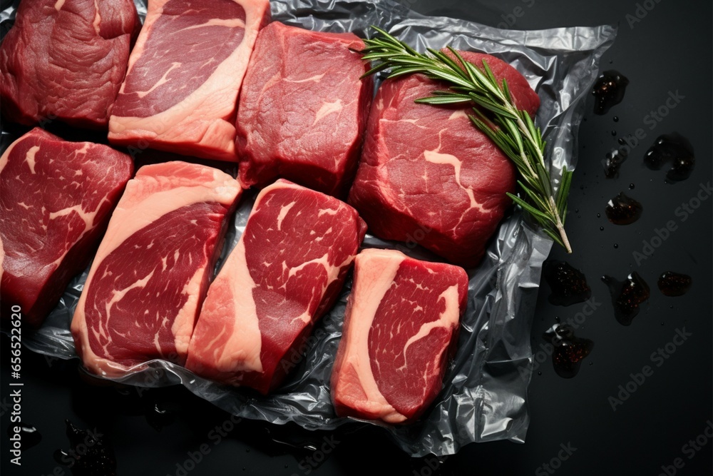 Top view of vacuum sealed dry aged meat cuts on black stone Stock イラスト