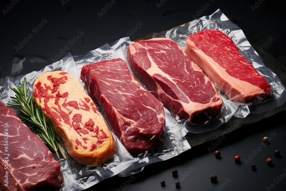 Top view of vacuum sealed dry aged meat cuts on black stone Stock イラスト