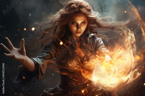 Generative ai collage photo of strong warrior woman fight with fire spell