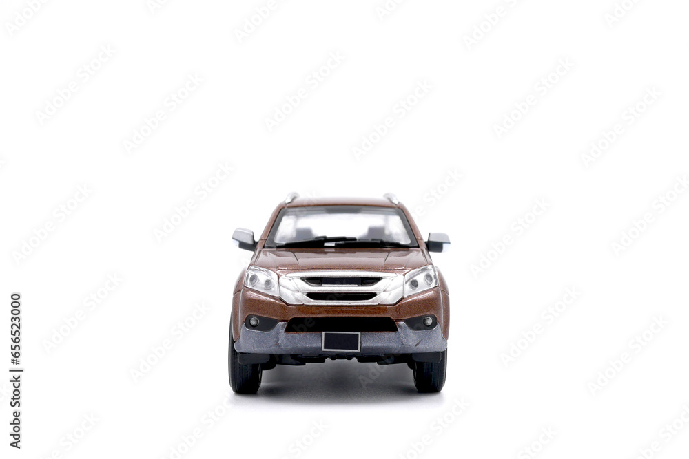 isolated simple blue and brown suv cars front view on white background that easily removable.