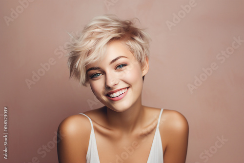 Generative AI picture of beautiful blonde woman fashion model after salon hairdresser procedure photo
