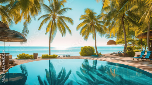 Swimming pool in the tropical resort with palm trees created with Generative AI technology