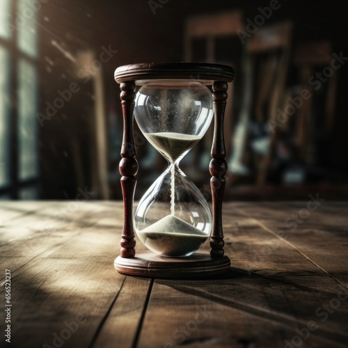 Capturing Time: Hourglass on Classic Wooden Table
