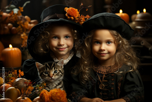 Generative AI picture of little children in costume celebrating halloween together trick or treating concept
