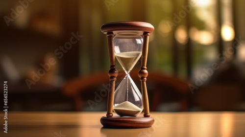 Capturing Time: Hourglass on Classic Wooden Table