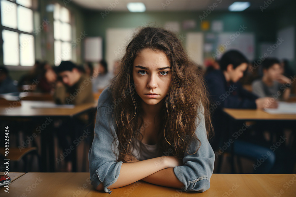 Photography generative AI concept of lovely girl high school student sitting at the table in classroom during lecture