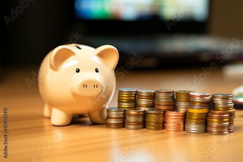 Wealth accumulation: Coin stack, wooden desk, piggy bank, calculator backdrop