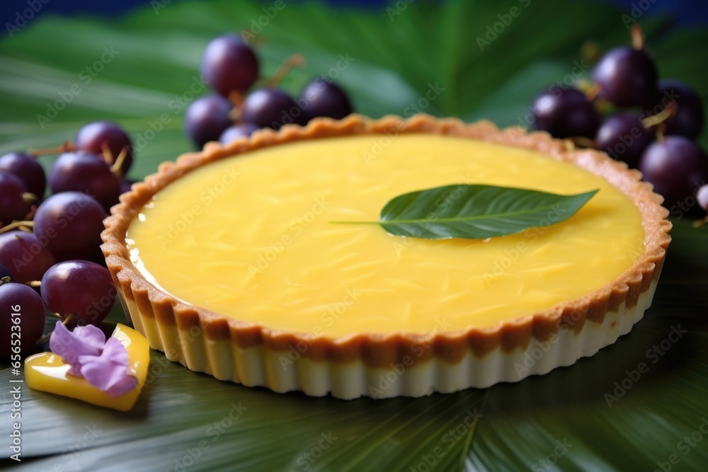 an exotic passionfruit tart against a tropical leaf background