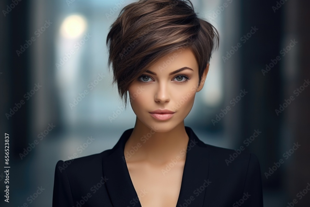 Beautiful woman with a stylish short haircut in the office. Manager, boss Beautiful woman with a stylish short haircut in the office. Manager, boss