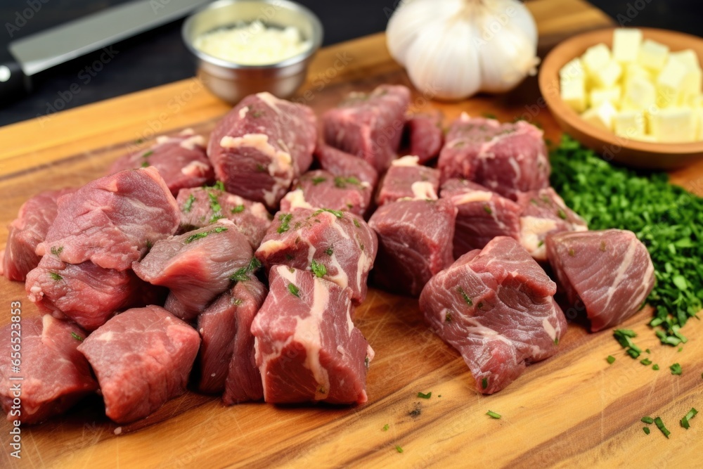 sliced steak tips with garlic butter on a chopping board