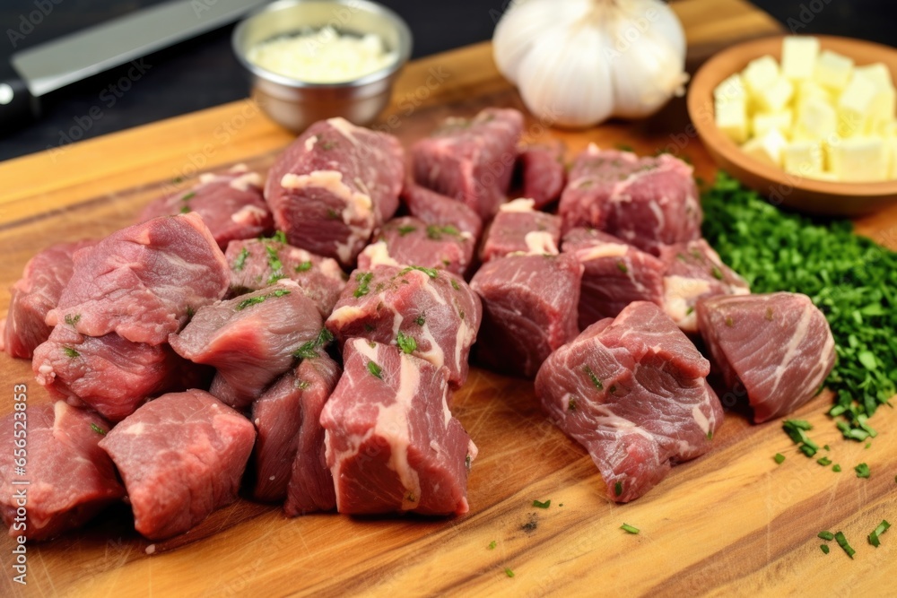 sliced steak tips with garlic butter on a chopping board sliced steak tips with garlic butter on a chopping board
