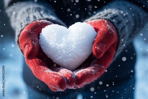Winters embrace mittened hands crafting a snowy heart symbol