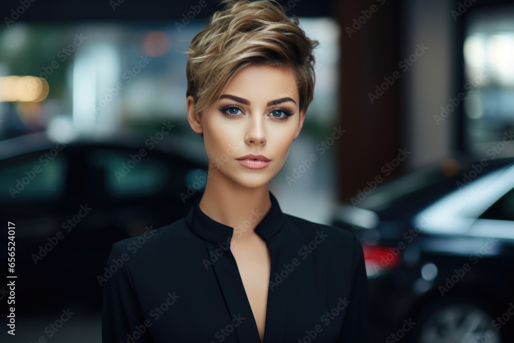 Beautiful woman with a stylish short haircut in the office. Manager, boss Beautiful woman with a stylish short haircut in the office. Manager, boss