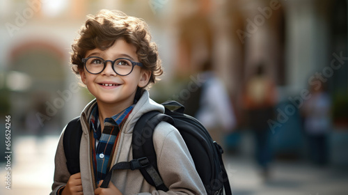 A happy portrait of a schoolboy with glasses and a backpack.
