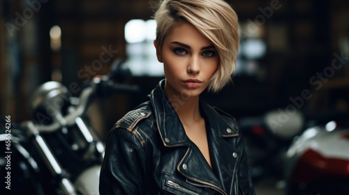 Beautiful woman with a stylish short haircut in the office. Manager, boss