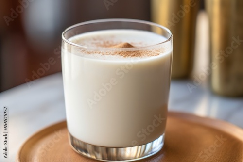 closeup of a frothy horchata on a sunny countertop