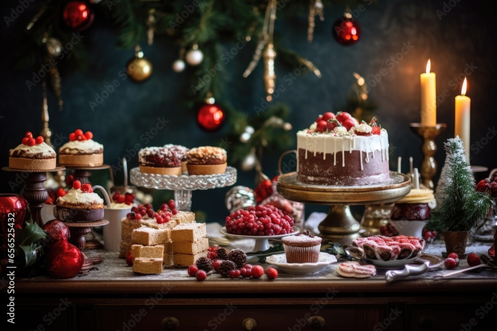 festive dessert spread on a sideboard