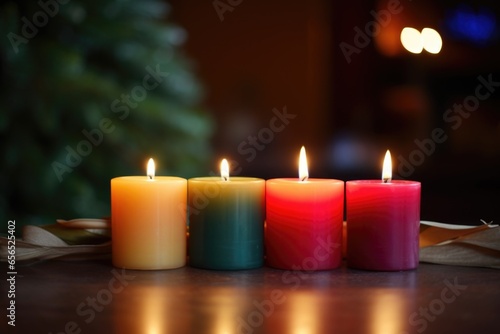 three unlit candles waiting to be lit next to four burning candles