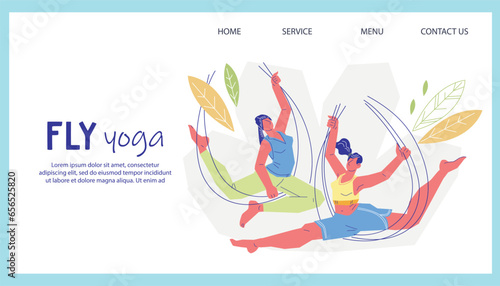 Fly or aerial yoga fitness studio website banner or poster template. Banner of fly aerial yoga in a hammock, flat vector illustration with female characters.