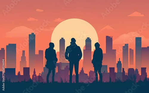 Illustration group of people in diversity vector graphic 2D, Group men woman shadow walking in urban city skycraper photo