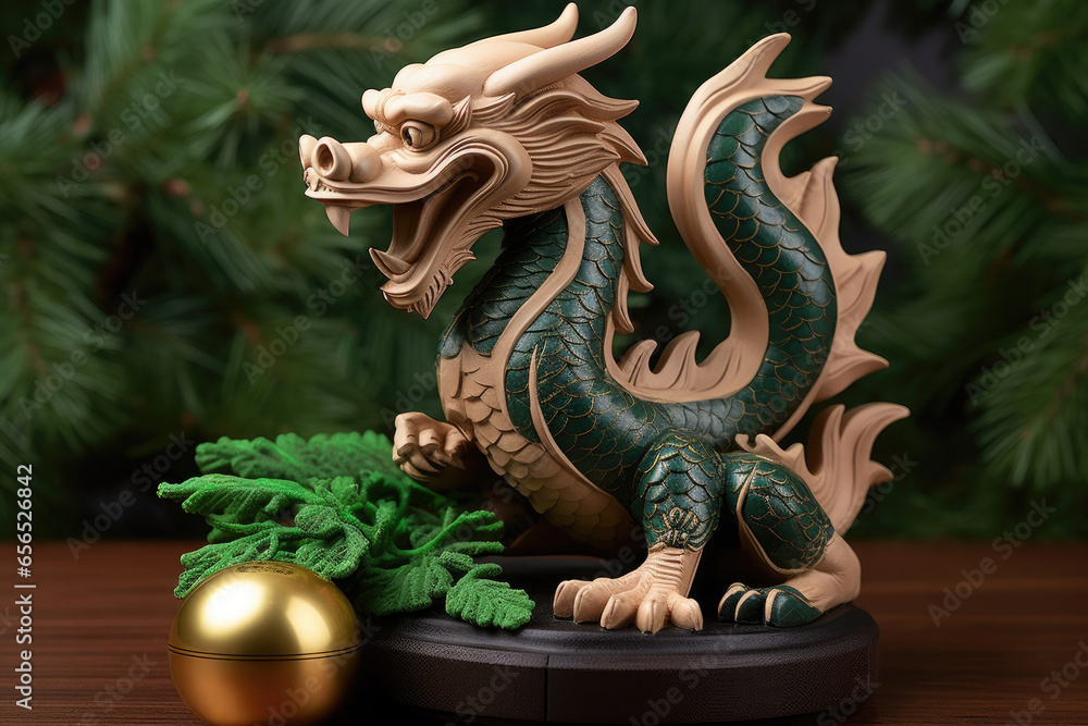 Green wooden dragon figurine on a table with fir branches in the background. Symbol of the New Year. Green wooden dragon figurine on a table with fir branches in the background. Symbol of the New Year.