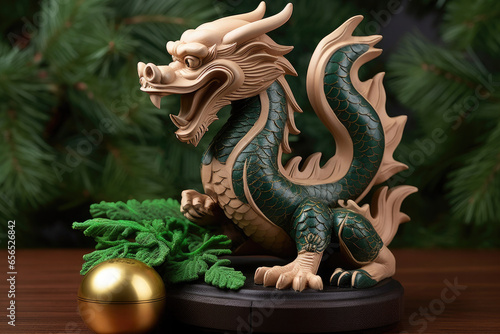 Green wooden dragon figurine on a table with fir branches in the background. Symbol of the New Year.