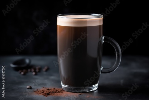 black latte in a ceramic mug on a matte black surface