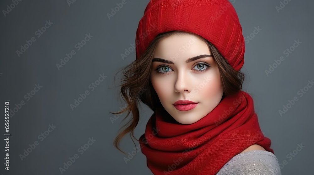 Beautiful Young Woman with Red Hat and Scarf with Copy Space on a Grey Background - generative AI Beautiful Young Woman with Red Hat and Scarf with Copy Space on a Grey Background - generative AI