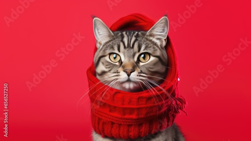 Cat wearing a Winter Scarf and Hat on a Red Background with Space for Copy - generative AI © Nad