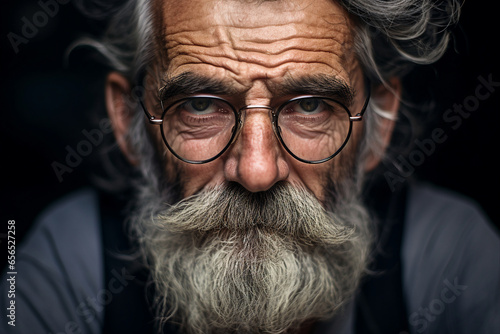 Close up photography of old wise sad man wear eyeglasses generative ai modern technology